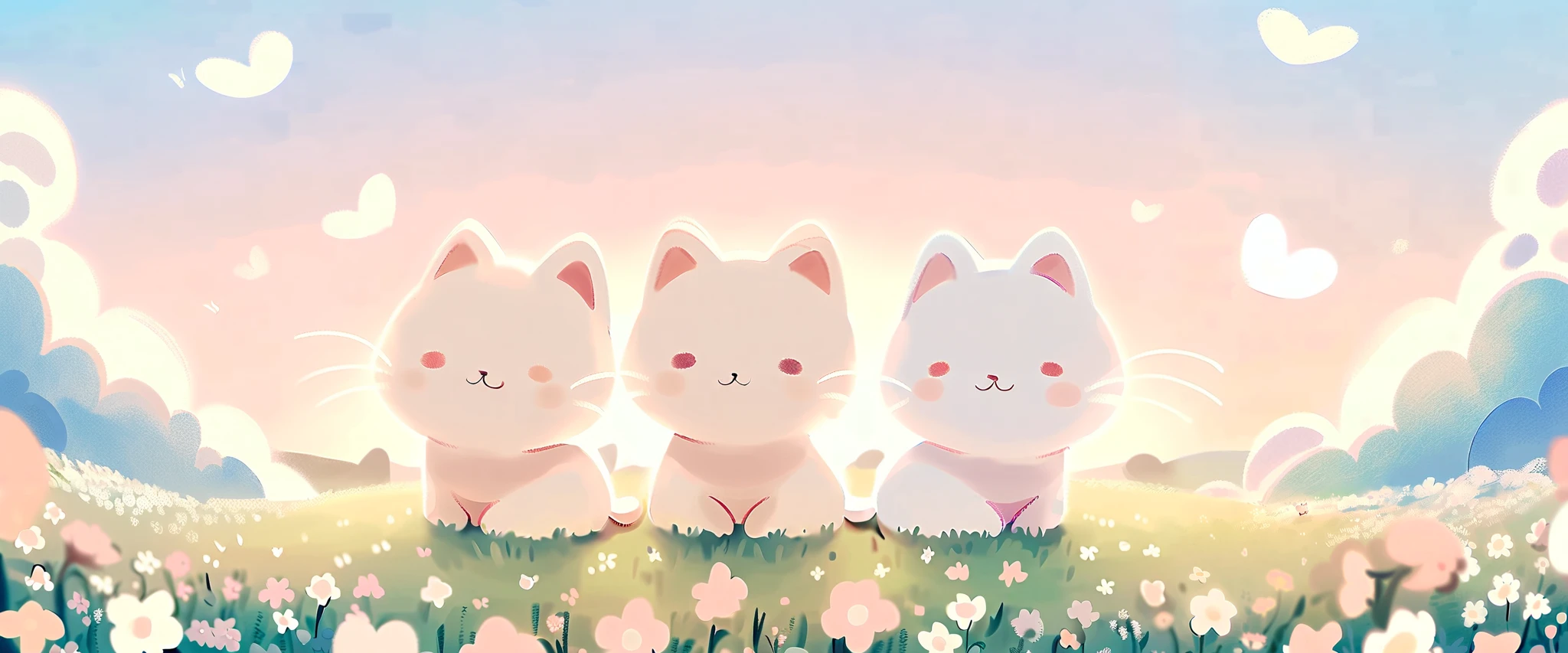 cartoon cat and kittens In a field of flowers with a sky background, Animated visual of cute cats, Kawaii cat, Cute cat, Lovely artwork, sitting In a field of flowers, In a field of flowers, Cute anime, Soft anime illustration, by Eizan This is a gift, Illustration of two cats, Anime cat, background is heavenly，Blue sky and white clouds，landscape ,Scottish folding cat. lakeside, wildflowers, There are houses in the distance. Dreamy