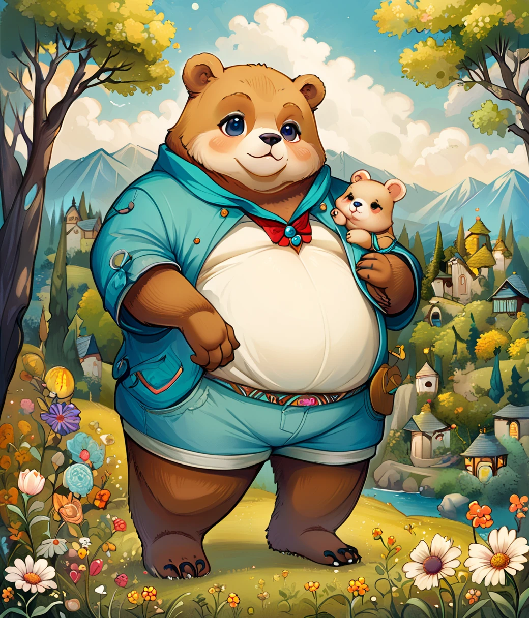 style of Jeremiah Ketner, (cute, fat, obese, anthro, male, bear), solo, full body, fur, ((cyan underwear)), mountain, dynamic pose, hires textures, highly detailed, intricate details, best quality, masterpiece