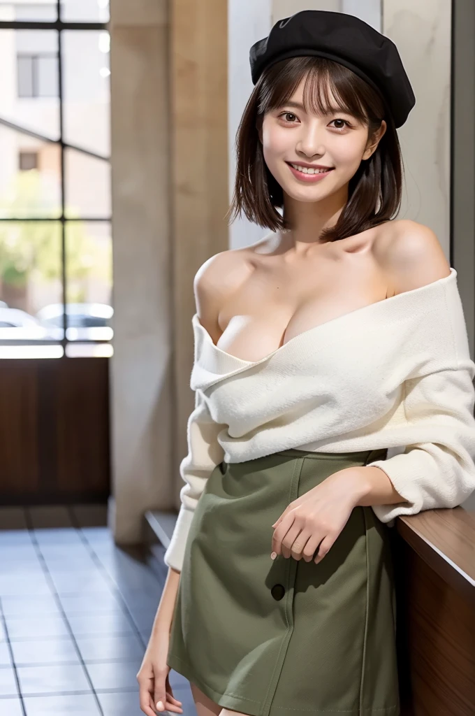 (masterpiece, best quality, perfect anatomy, highres, 8k, realistic, photorealistic, natural skin texture, no makeup:1.2), (afternoon:1.5), 1girl, solo, Japanese, age20, female fashionable university student, very cute, (large breasts:1.5), (standing at a Starbucks counter:1.2), (gently sliding her coat off one shoulder:1.2), She holds a takeaway latte in her other hand, her confident yet approachable smile catching the light, Her mini skirt and beret add to her chic autumn outfit, Her straight, shoulder-length hair frames her face as she looks toward the camera with a soft, inviting gaze, A modern café interior with clean lines and warm tones, vertical composition, jp idol, inugao