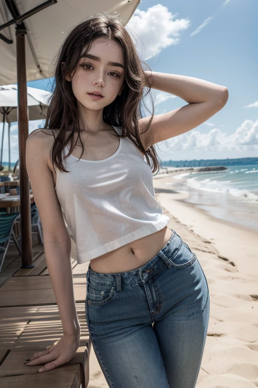 masterpiece,best quality,ultra detail,1girl, 14yo,petite,background((under the beach, (day:1.2), under sand beach, bright sky)), {shima_rin_yurucamp:1.15}, long hair, Raise your arms and bring them behind your head, white tank top, white crop top, jeans, blue pants, (flares jeans 1:1), blue jeans, sex pose, (legs spread:3:1), orgasm, from below