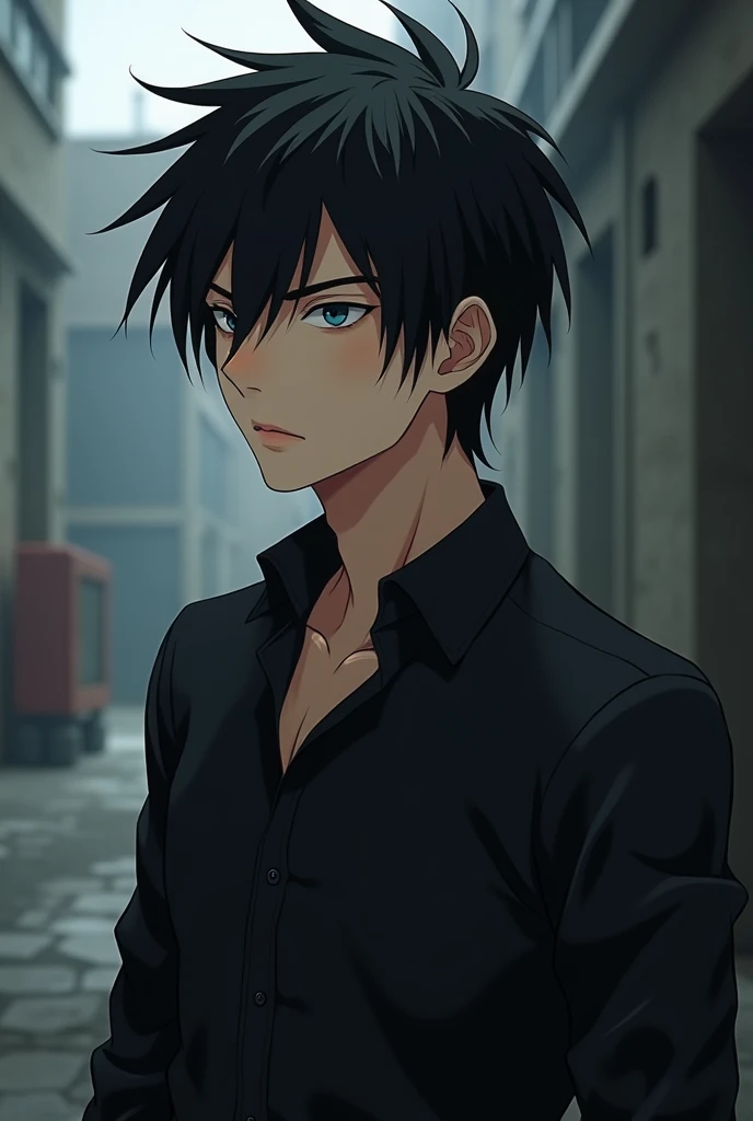 Create a anime style landscape image. Stylized anime portrait of a 20 year old boy. He has a fair skin tone, and short dark hair. He is wearing a black, short-sleeved polo shirt and distressed blue jeans. The man is holding a cigarette in his mouth and has a pair of handcuffs hanging from his left wrist. The background is dark and blurred, focusing attention on the subject. The overall tone of the image is gritty and intense, with a dramatic lighting effect that highlights the man's facial features.