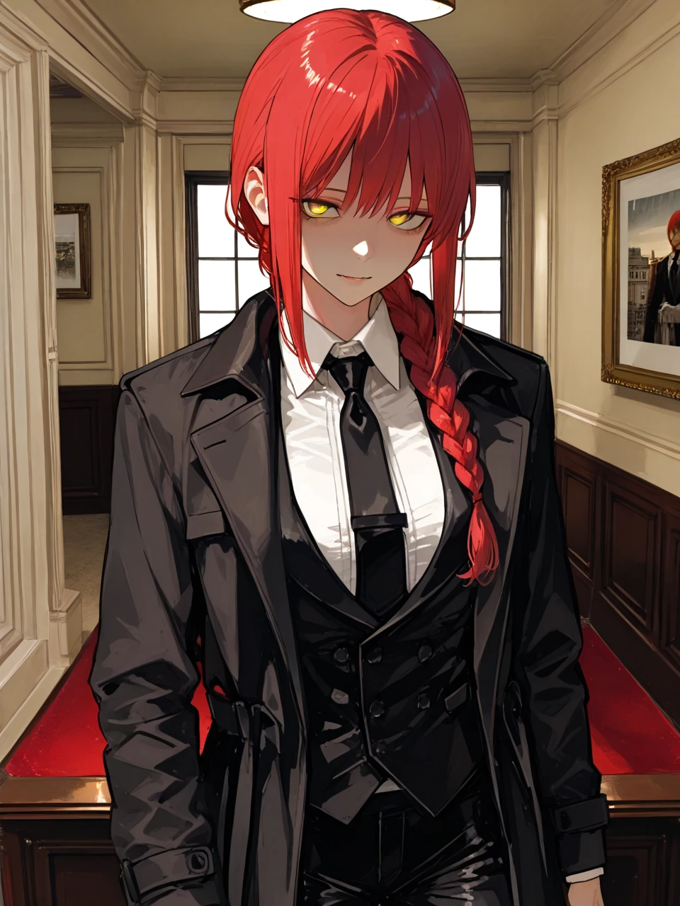         top quality,         top quality,           High Quality Images         ,     masterpiece  ,               super high res      ,              detailed background   ,              absurd,            perfect anatomy     ,     ,       good lighting      ,           Photo Gallery      ,           1 mature woman having a fight、Makima、 braided ponytail , Red Hair,  Eyes Swollen 、  yellow eyes,  collared shirt  , Black Tuxedo ,  Black Pants  ,  black coat  , Black tie、輝く瞳,  big eyes , Around town、building、disaster々Aura of freshness