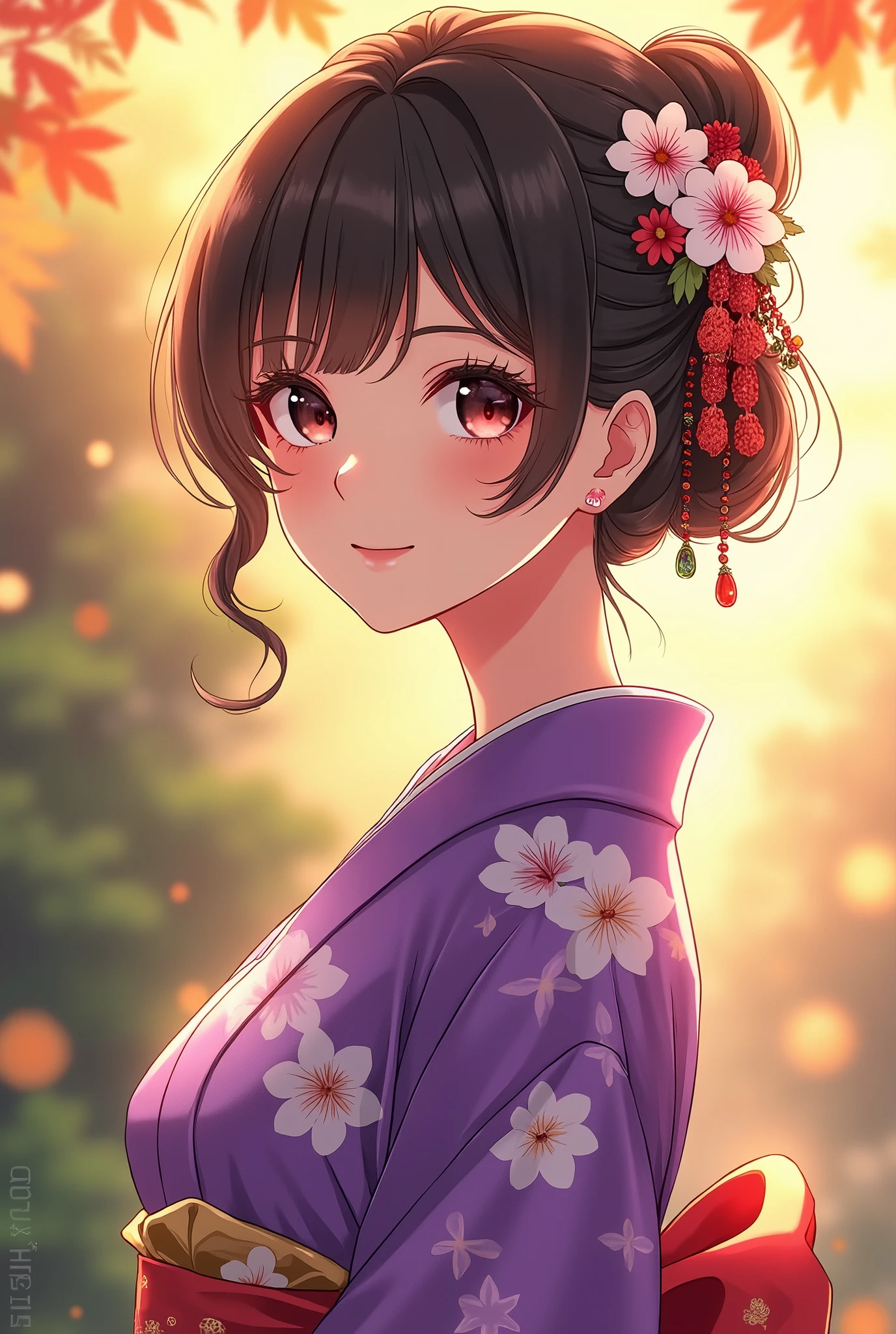 anime,  manga , Light brown-black hair,  detailed beautiful eyes ,  Detailed Beautiful Face , Detailed beautiful nose,  wear a bright purple floral kimono, Happy smile, ( beauty like a goddess ), Warm Sunlight , animeスタイル, Flower decoration on her hair ,  elegant . Japanese culture and seasonal beauty,  fall foliage, Pine green , Harmony,  high image quality, masterpiece, 8K high definition, animeイラストアート, 