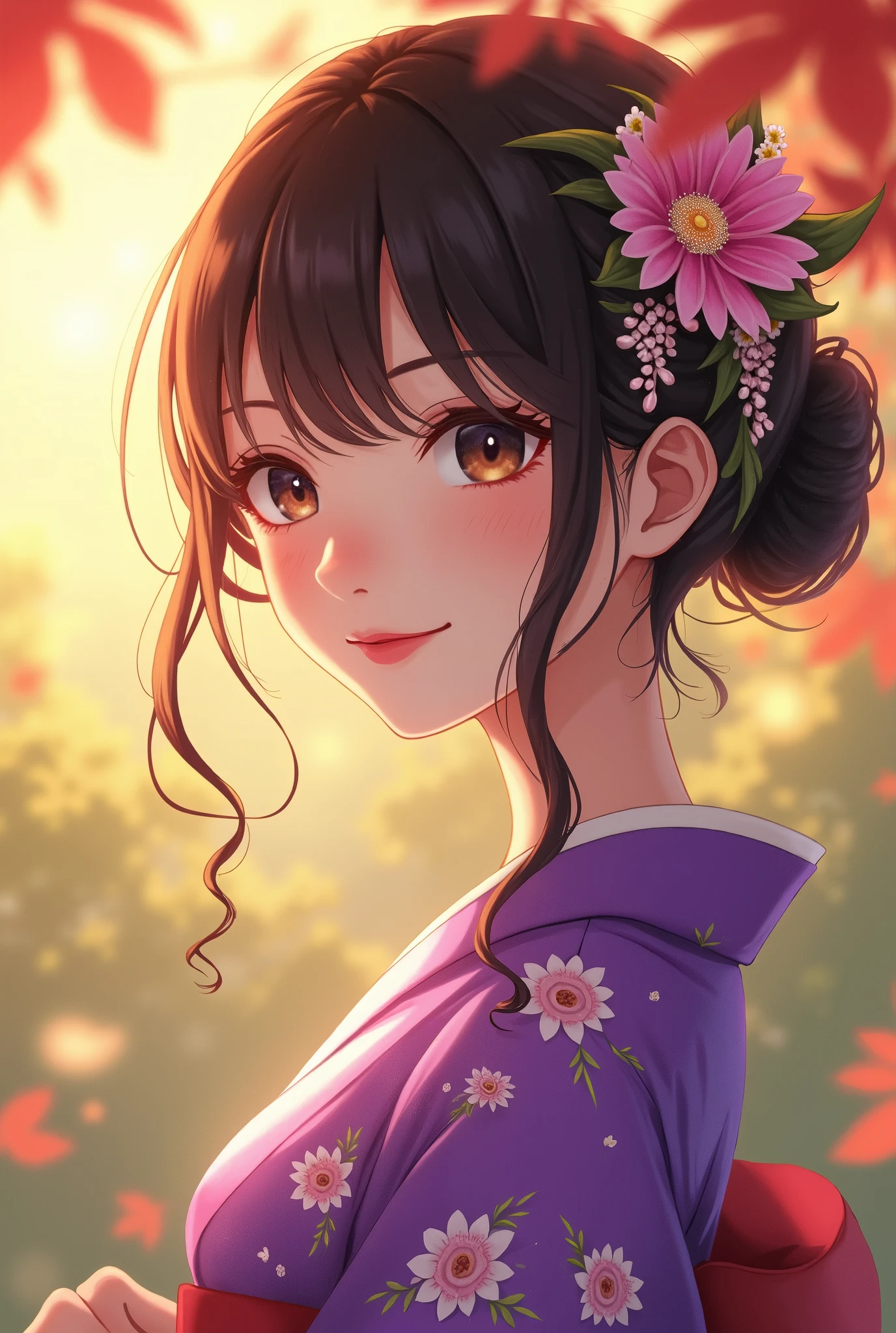 anime,  manga , Light brown-black hair,  detailed beautiful eyes ,  Detailed Beautiful Face , Detailed beautiful nose,  wear a bright purple floral kimono, Happy smile, ( beauty like a goddess ), Warm Sunlight , animeスタイル, Flower decoration on her hair ,  elegant . Japanese culture and seasonal beauty,  fall foliage, Pine green , Harmony,  high image quality, masterpiece, 8K high definition, animeイラストアート, 