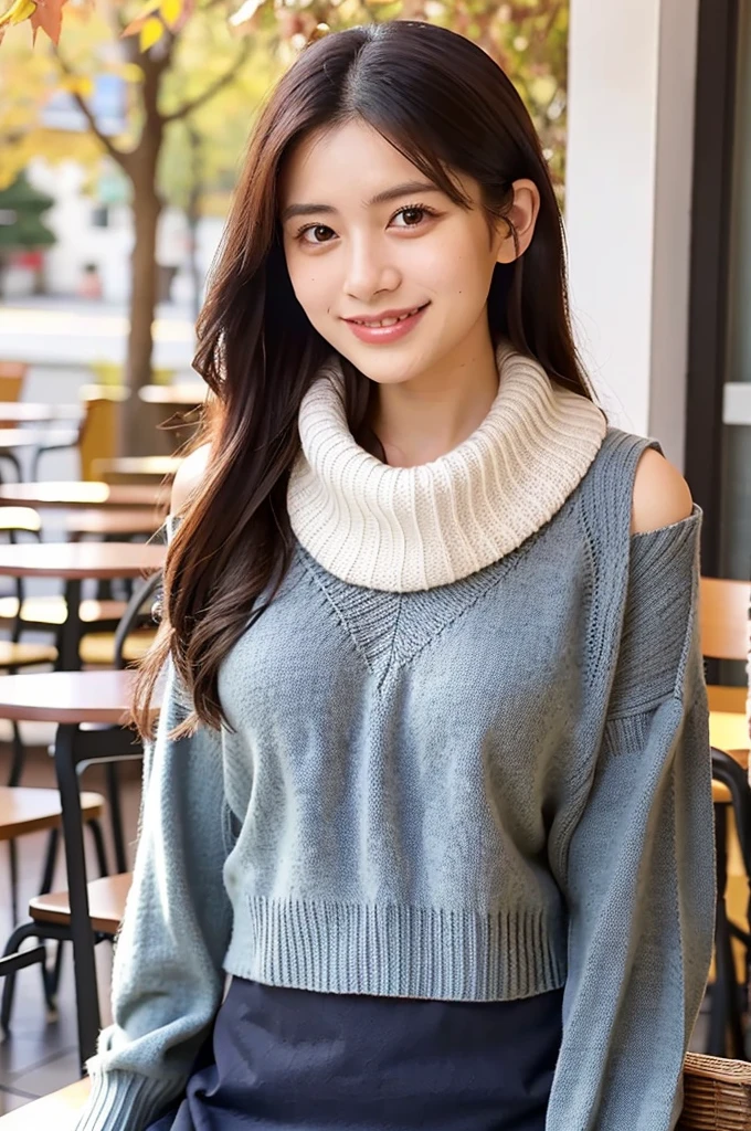 (masterpiece, best quality, perfect anatomy, highres, 8k, realistic, photorealistic, natural skin texture, no makeup:1.2), (afternoon:1.5), 1girl, solo, Japanese, age20, female university student, very cute, (large breasts:1.5), sitting at an outdoor café terrace, (adjusting a cozy knit scarf around her neck:1.5), her mini skirt and beret adding charm to her autumn outfit, Her long, straight hair is lightly swayed by a gentle breeze as she smiles softly, creating a welcoming and warm scene, The café terrace is decorated with autumn leaves and cozy furniture, vertical composition, jp idol, inugao