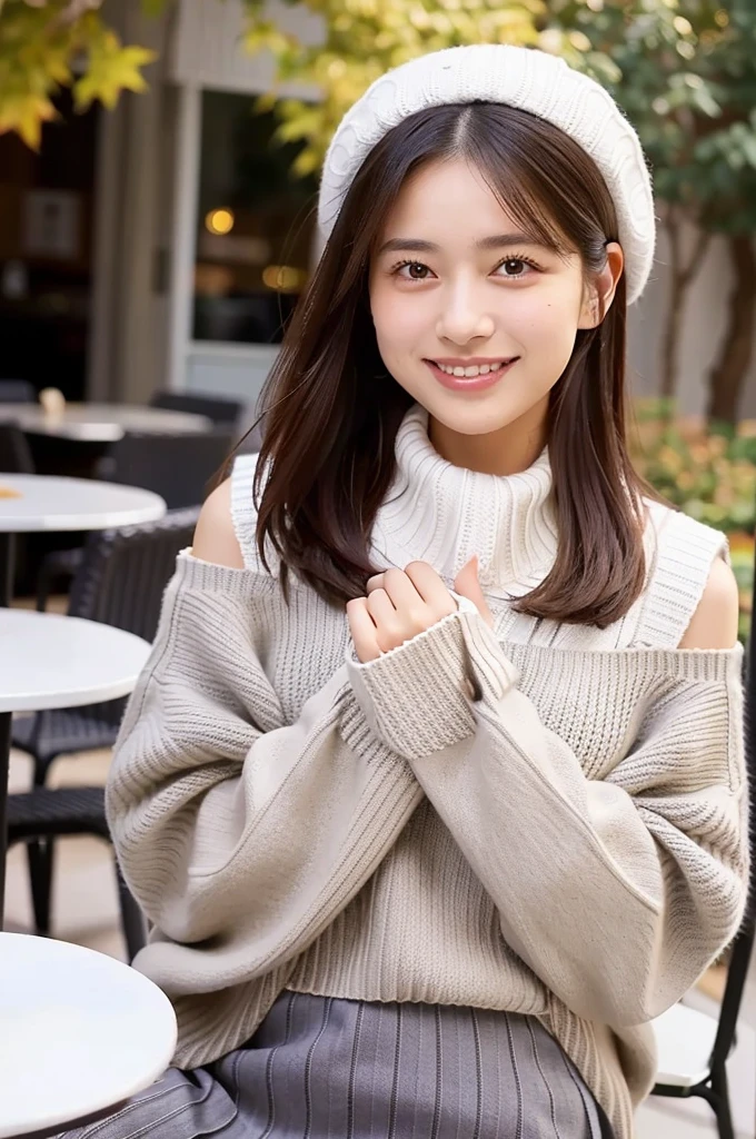 (masterpiece, best quality, perfect anatomy, highres, 8k, realistic, photorealistic, natural skin texture, no makeup:1.2), (afternoon:1.5), 1girl, solo, Japanese, age20, female university student, very cute, (large breasts:1.5), sitting at an outdoor café terrace, (adjusting a cozy knit scarf around her neck:1.5), her mini skirt and beret adding charm to her autumn outfit, Her long, straight hair is lightly swayed by a gentle breeze as she smiles softly, creating a welcoming and warm scene, The café terrace is decorated with autumn leaves and cozy furniture, vertical composition, jp idol, inugao