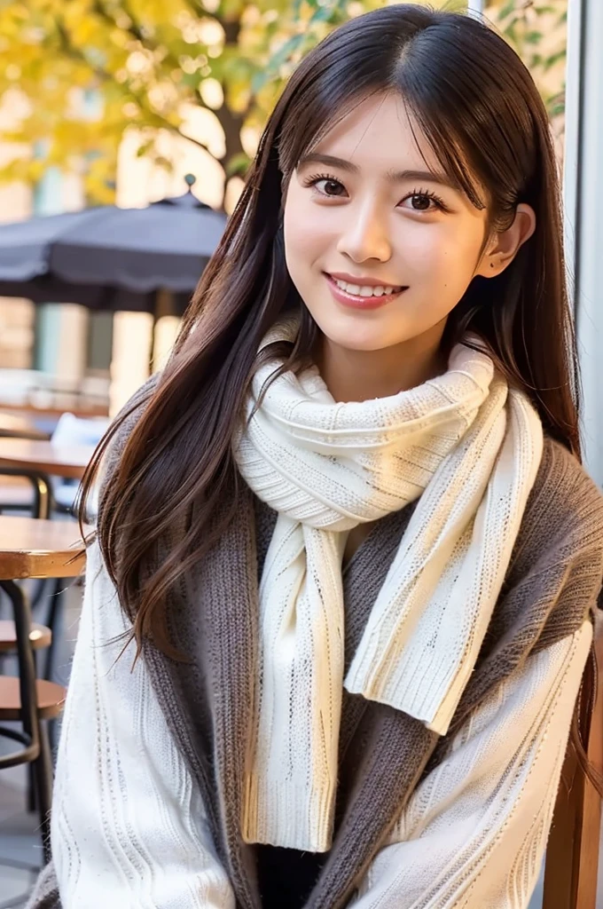 (masterpiece, best quality, perfect anatomy, highres, 8k, realistic, photorealistic, natural skin texture, no makeup:1.2), (afternoon:1.5), 1girl, solo, Japanese, age20, female university student, very cute, (large breasts:1.5), sitting at an outdoor café terrace, (adjusting a cozy knit scarf around her neck:1.5), her mini skirt and beret adding charm to her autumn outfit, Her long, straight hair is lightly swayed by a gentle breeze as she smiles softly, creating a welcoming and warm scene, The café terrace is decorated with autumn leaves and cozy furniture, vertical composition, jp idol, inugao