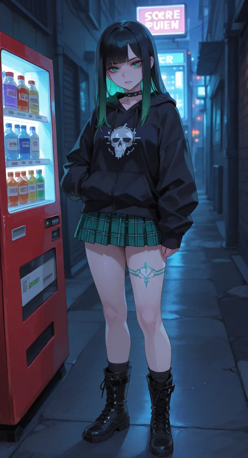 "Cyberpunk goth punk woman, standing in front of a glowing vending machine, leather bralette with spiked accents, plaid mini-skirt with luminous details, combat boots with glowing soles, tattoos of cyber-gothic roses and circuitry, black hair with emerald green streaks, vibrant neon colors, misty urban alley."

