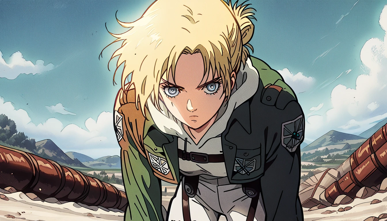 score_9, score_8_up, score_7_up, source_anime, annie leonhardt, short hair, blue eyes, blonde hair, folded ponytail,, paradis military uniform, belt, cloack, cropped jacket, emblem, green cloak, jacket, long sleeves, pants, shirt, thigh strap, uniform, white pants, white shirt, brown jacket,, landscape, bent over, looking at viewer, solo,, cowboy shot, dutch angle