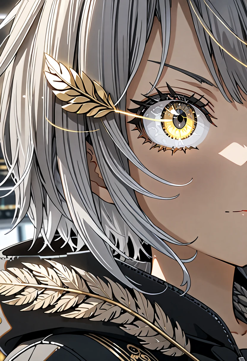 8K Ultra High-Quality, ultra-detailed, High quality, Grey hair, grey inner layer hair, gold glowing eye, one eye opened, short hair, owl feathers hair ornament, black hoodie, super close up, office background