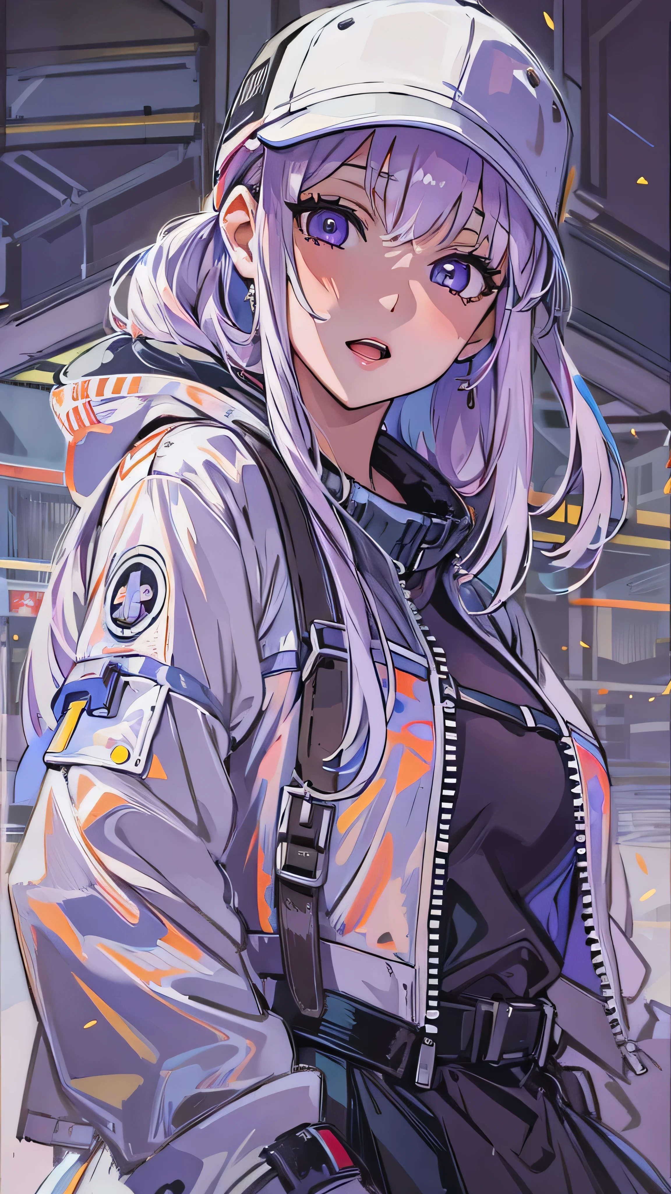 Anime girl with purple hair and a white hat and a black jacket - SeaArt AI
