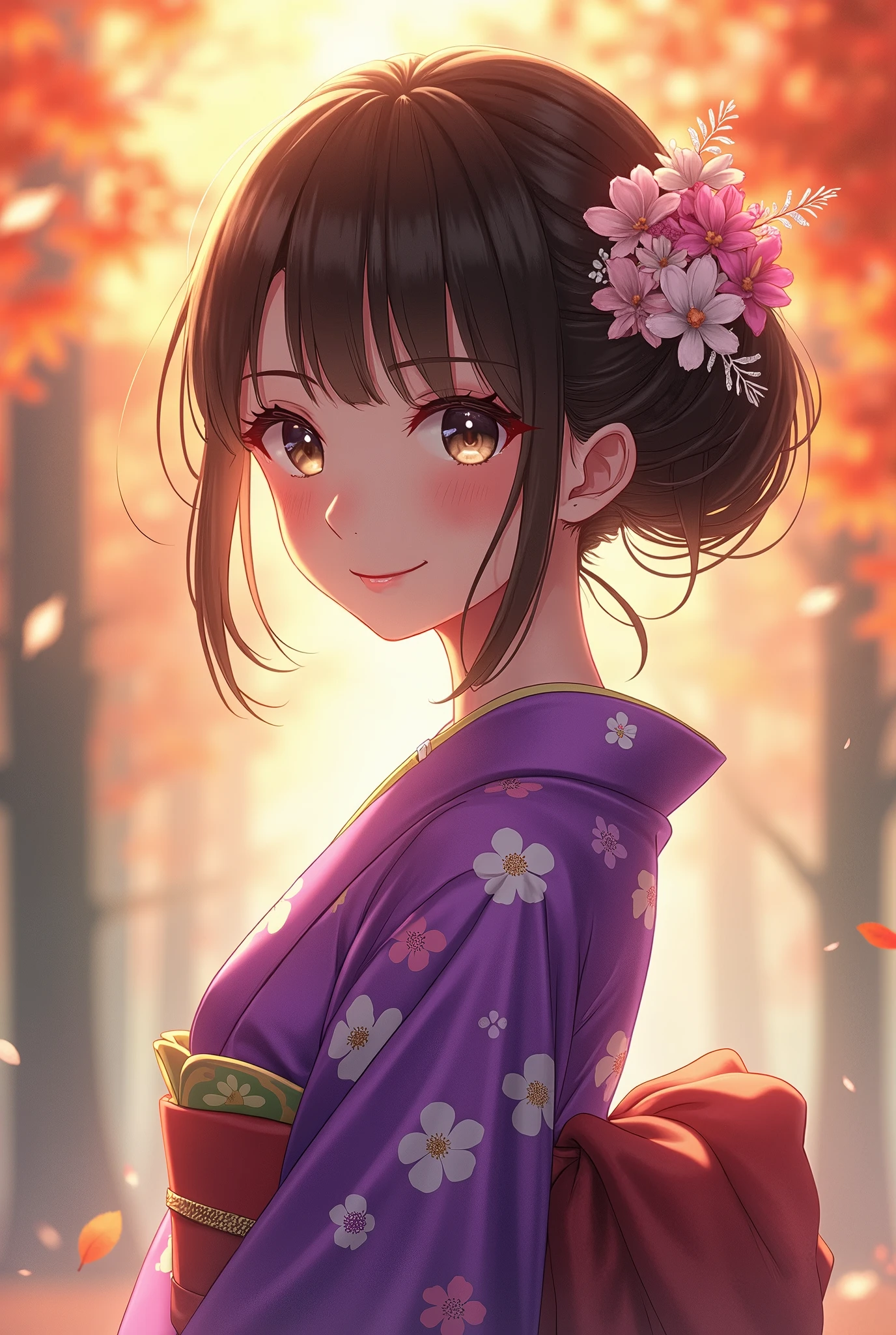 anime,  manga , Light brown-black hair,  detailed beautiful eyes ,  Detailed Beautiful Face , Detailed beautiful nose,  wear a bright purple floral kimono, Happy smile, ( beauty like a goddess ), Warm Sunlight , animeスタイル, Flower decoration on her hair ,  elegant . whole body, Japanese culture and seasonal beauty,  fall foliage, Pine green , Harmony,  high image quality, masterpiece, 8K high definition, 