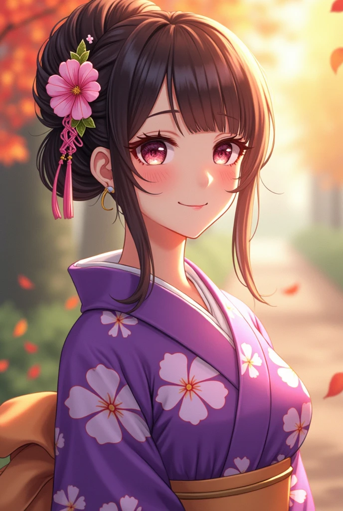 anime,  manga , Light brown-black hair,  detailed beautiful eyes ,  Detailed Beautiful Face , Detailed beautiful nose,  wear a bright purple floral kimono, Happy smile, ( beauty like a goddess ), Warm Sunlight , animeスタイル, Flower decoration on her hair ,  elegant . whole body, Japanese culture and seasonal beauty,  fall leaves for vaginal discharge, Pine green , Harmony,  high image quality, masterpiece, 8K high definition, 