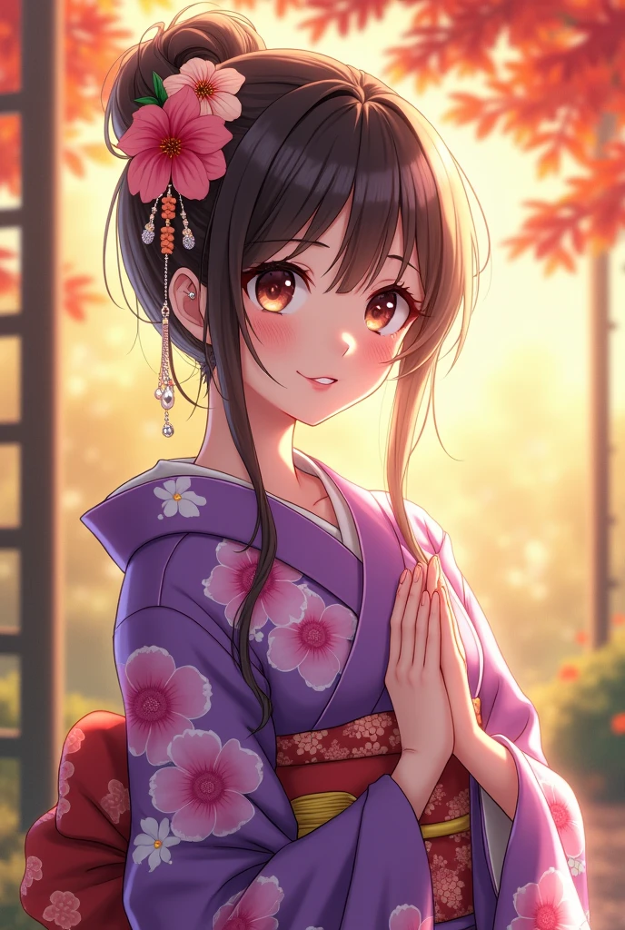 anime,  manga , Light brown-black hair,  detailed beautiful eyes ,  Detailed Beautiful Face , Detailed beautiful nose,  wear a bright purple floral kimono, Happy smile, ( beauty like a goddess ), Warm Sunlight , animeスタイル, Flower decoration on her hair ,  elegant . whole body, Japanese culture and seasonal beauty,  fall leaves for vaginal discharge, Pine green , Harmony,  high image quality, masterpiece, 8K high definition, 