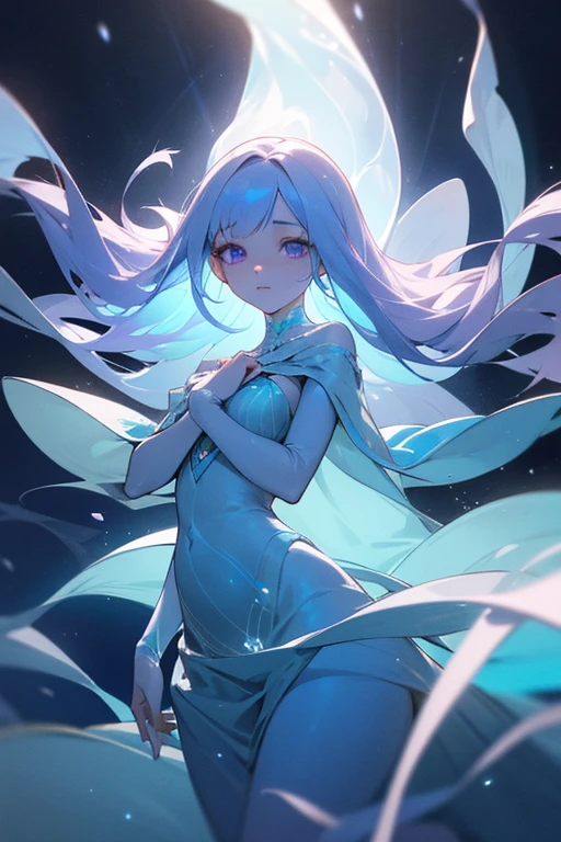 pale young ghost girl, She has pale blue skin!!!, Blue Flame, (Fire), firey, flame conjuring, bluefire!, Fire!! full bodyesbian, she has fire powers, Small Fire Phlegm, jaidenanimations, flat anime style shading,She clasped her hands together, She closed her eyes, The blue flame is like a crescent moon