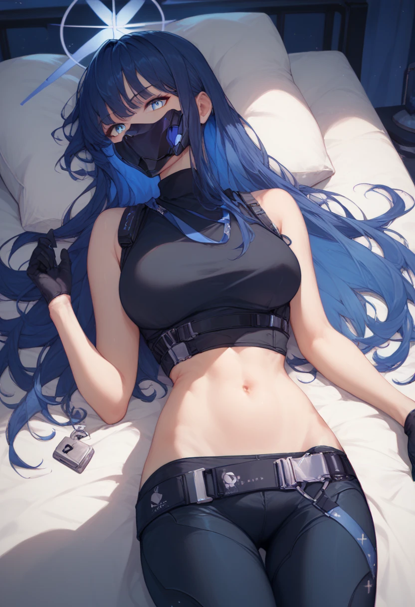  One Girl , lock saori , long hair, blue hair, blue eyes,Halo, mask ,口 mask , black pants, black shirt , gloves, Black Gloves ,belly button,Bare arms,Bare shoulders, bed, lying on your back ,night,light