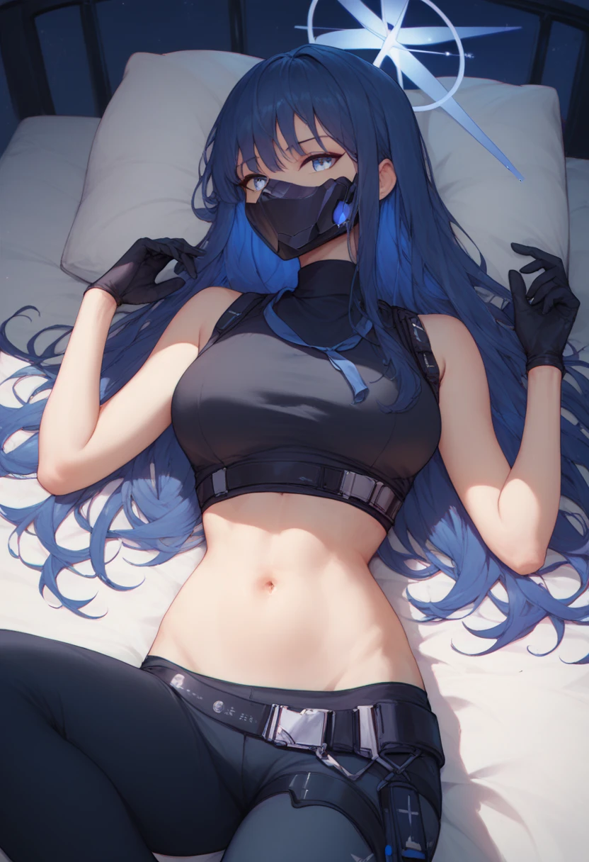  One Girl , lock saori , long hair, blue hair, blue eyes,Halo, mask ,口 mask , black pants, black shirt , gloves, Black Gloves ,belly button,Bare arms,Bare shoulders, bed, lying on your back ,night,light