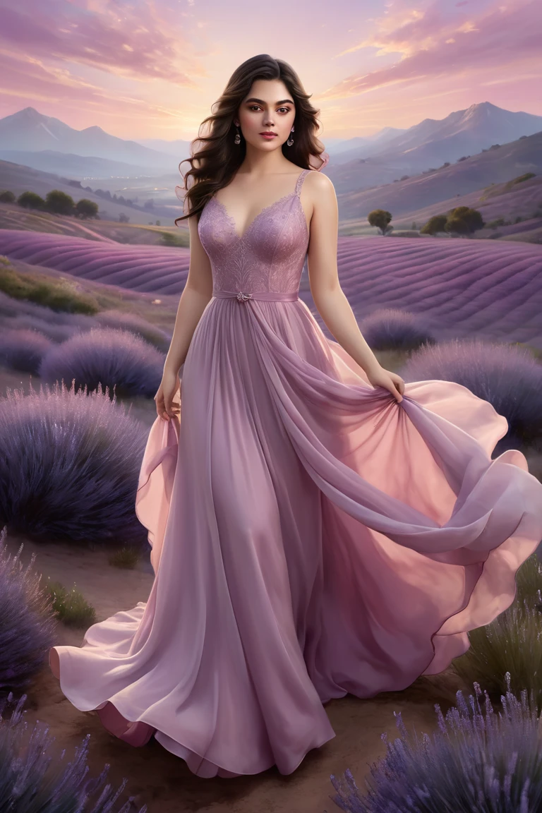 A dreamy, full-body image of a more voluptuous young woman with delicate yet striking features. Her thick, wavy dark hair flows loosely around her shoulders, framing her face, which is soft and serene with deep, inviting eyes. She wears an elegant gown in a deep burgundy shade with flowing layers and a fitted bodice that emphasizes her curves. The background is an ethereal landscape, bathed in soft pink and purple hues of twilight, with blooming lavender fields, soft clouds, and the hint of stars beginning to twinkle. The scene evokes a sense of mystery, romance, and timeless beauty.