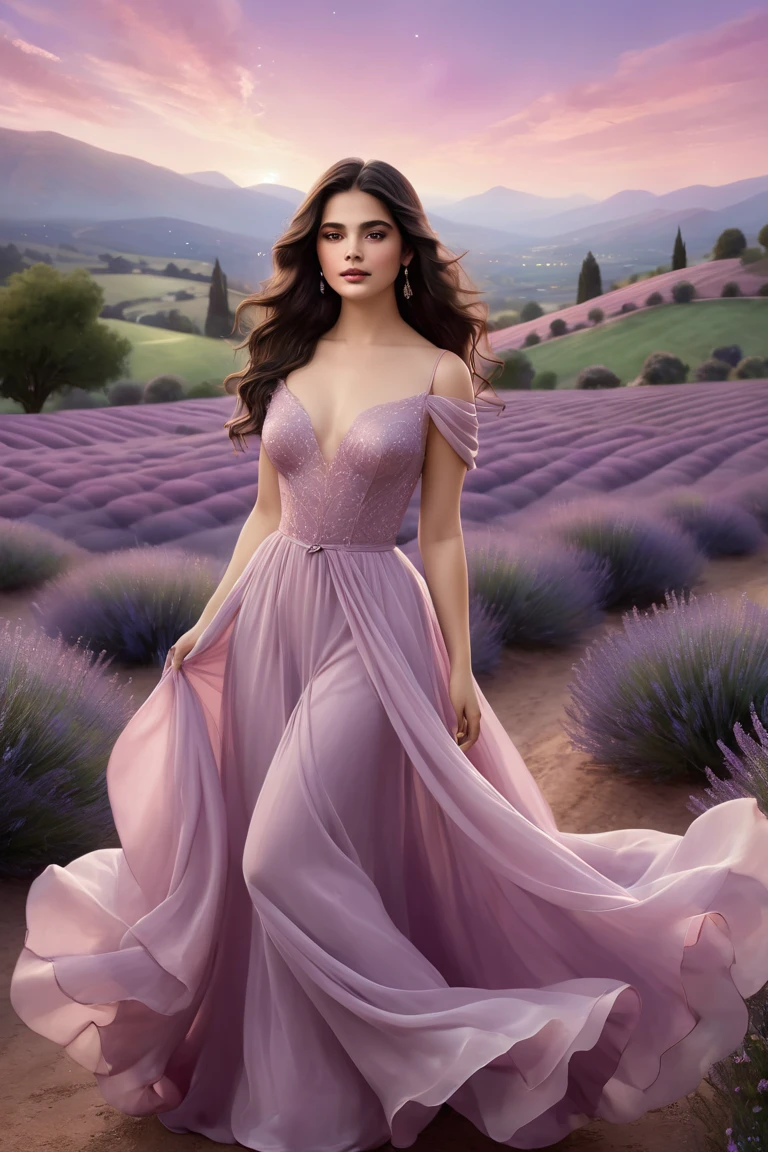 A dreamy, full-body image of a more voluptuous young woman with delicate yet striking features. Her thick, wavy dark hair flows loosely around her shoulders, framing her face, which is soft and serene with deep, inviting eyes. She wears an elegant gown in a deep burgundy shade with flowing layers and a fitted bodice that emphasizes her curves. The background is an ethereal landscape, bathed in soft pink and purple hues of twilight, with blooming lavender fields, soft clouds, and the hint of stars beginning to twinkle. The scene evokes a sense of mystery, romance, and timeless beauty.