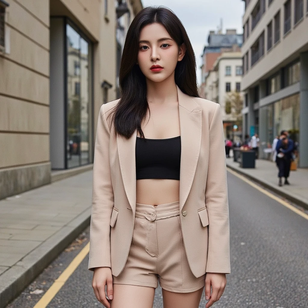  Chinese girl, age 20, white, cm.165 wearing a beige suit ,  inside, consisting of a blazer and shorts , , along with a black crop top , , and black long boots. The dress gives a sense of both formal and modern fashion.,