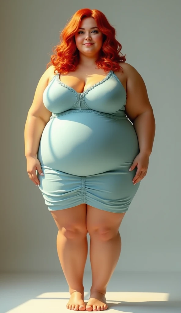A really fat adorable cute obese ussbbw young redhead fat woman traditional wife, ginger braided tradwife hair, very pretty face, freckled face, freckles on her huge heavy body, huge bloated soft obese belly hanging over thights, very wide hips and obese wide thights, huge fat booty, fat arms, in a tradwife blue-white cookingdress cooking a huge spagetti in a modern kitchen