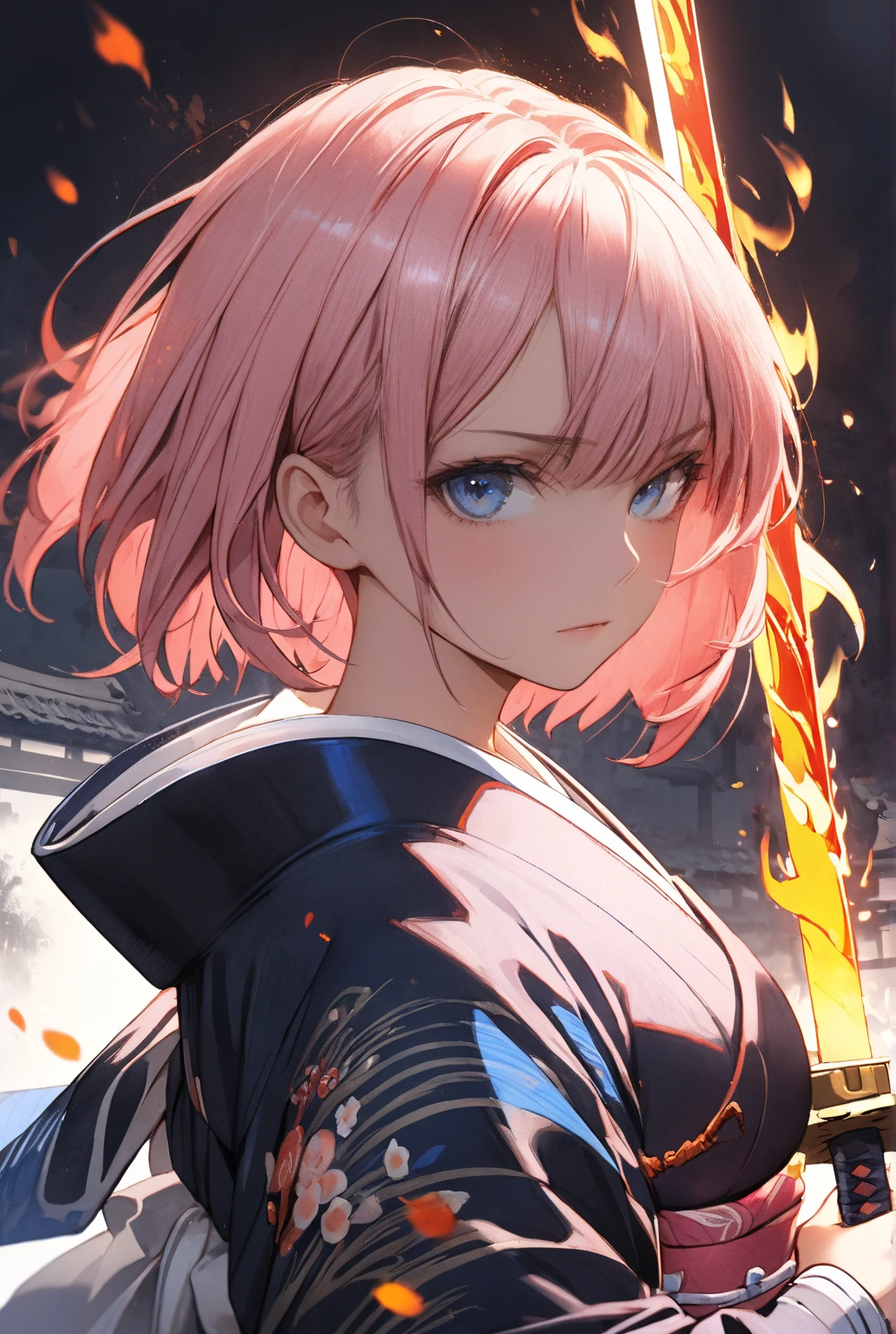 1lady,(((pink short hair,blue eyes))),solo,cool,
samurai girl,holding a sword,fantastic, look suspicious,
((flame sword)),fire,flame,blaze,