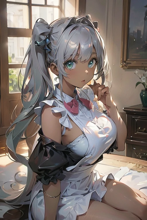 {{{solo}}}, (((greek clothes)))), (((dark skinned))), silver long_hair, (((twin tails))), (((dark green eyes))), (((solo))), (((1_beautiful_lady))), beautiful_face, good_anatomy, best_quality, beautiful, Vena Dis(danmachi), medium breasts, (masterpiece), detailed eyes, ((best resolution)), (ultra HD), breast, perfect anatomy, AddXL