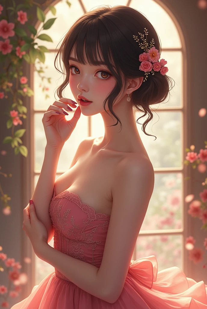 (top-quality、masterpiece)、1womanl、((A dark-haired))、(((short hairstyle)))、20yr old、intricate detailes、Look at viewers、sunlight from windows、red blush、bangss、is standing、poster for、((Photoquality))、vases、picture frame