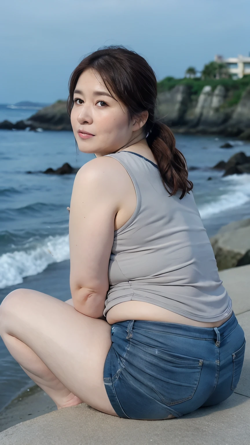(((Photo Composition))), gravure,highest quality, Very detailed, Realistic, Very detailedskin, Perfect Anatomy, (Japanese MILF),80 years old, big breasts, Mature Woman, Sexy, Chromo White Skin, View your viewers,(((obesity))),(Double chin),(Sagging breasts),((Big belly)),Thick arms,thick upper arms,Thick legs,fat woman,((Pussy juice)),long hair,Facial wrinkles,make up,(completely nude),((brown hair)),solo focus,from below,female masturbation,show off pussy,(touch pussy),(sitting),open leg,orgasm face,1 woman,((beach)),sushine,(super wet skin),sweaty skin