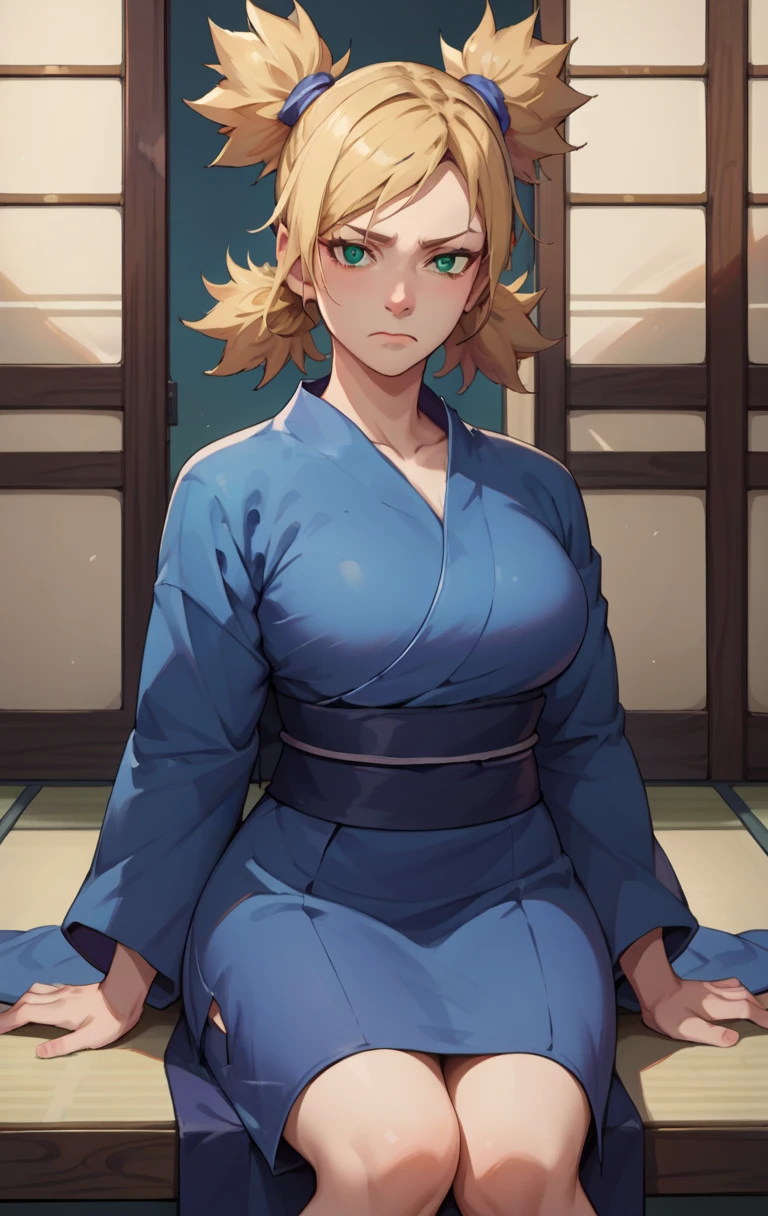 score_9, score_8_up, score_7_up, BREAK source_anime  temariSDXL, 1girl, solo, looking at viewer, large breasts, blonde hair, four pigtails, closed mouth, blue green eyes, japanese clothes,blue kimono,  sash, cowboy shot, room background, sitting