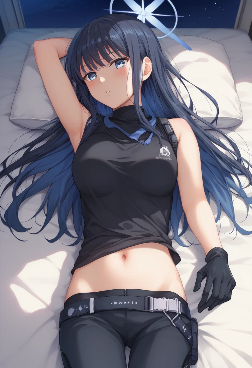  One Girl , lock saori , long hair, blue hair, blue eyes,Halo, mask ,口 mask , black pants, black shirt , gloves, Black Gloves ,belly button,Bare arms,Bare shoulders, bed, lying on your back ,night,light, one boy,Black Hair, Faceless Man ,Physical Difference, boy,男性が lying on your back になってる女性に抱きつく,男性が女性のbelly buttonを舐める