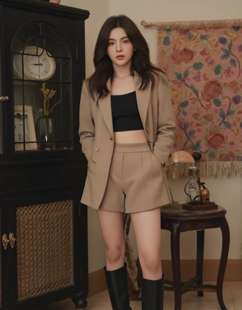  Chinese girl, age 20, white, cm.185 Wearing a beige suit,  inside, consisting of a blazer and shorts , , along with a black crop top , , and black long boots. The dress gives a sense of both formal and modern fashion.,