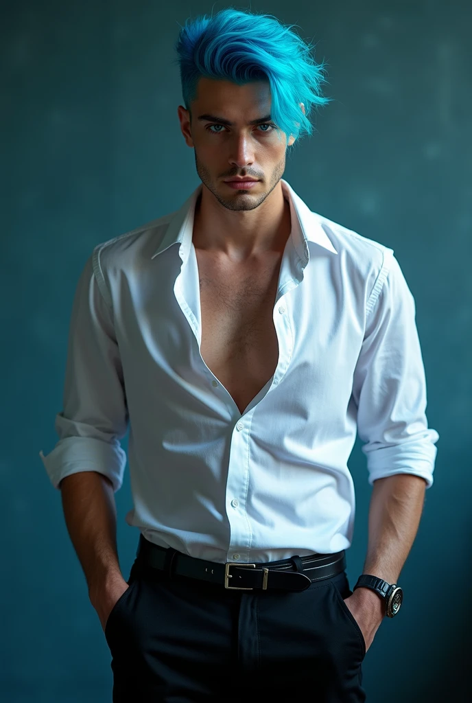 The young man with blue hair has an erect penis.