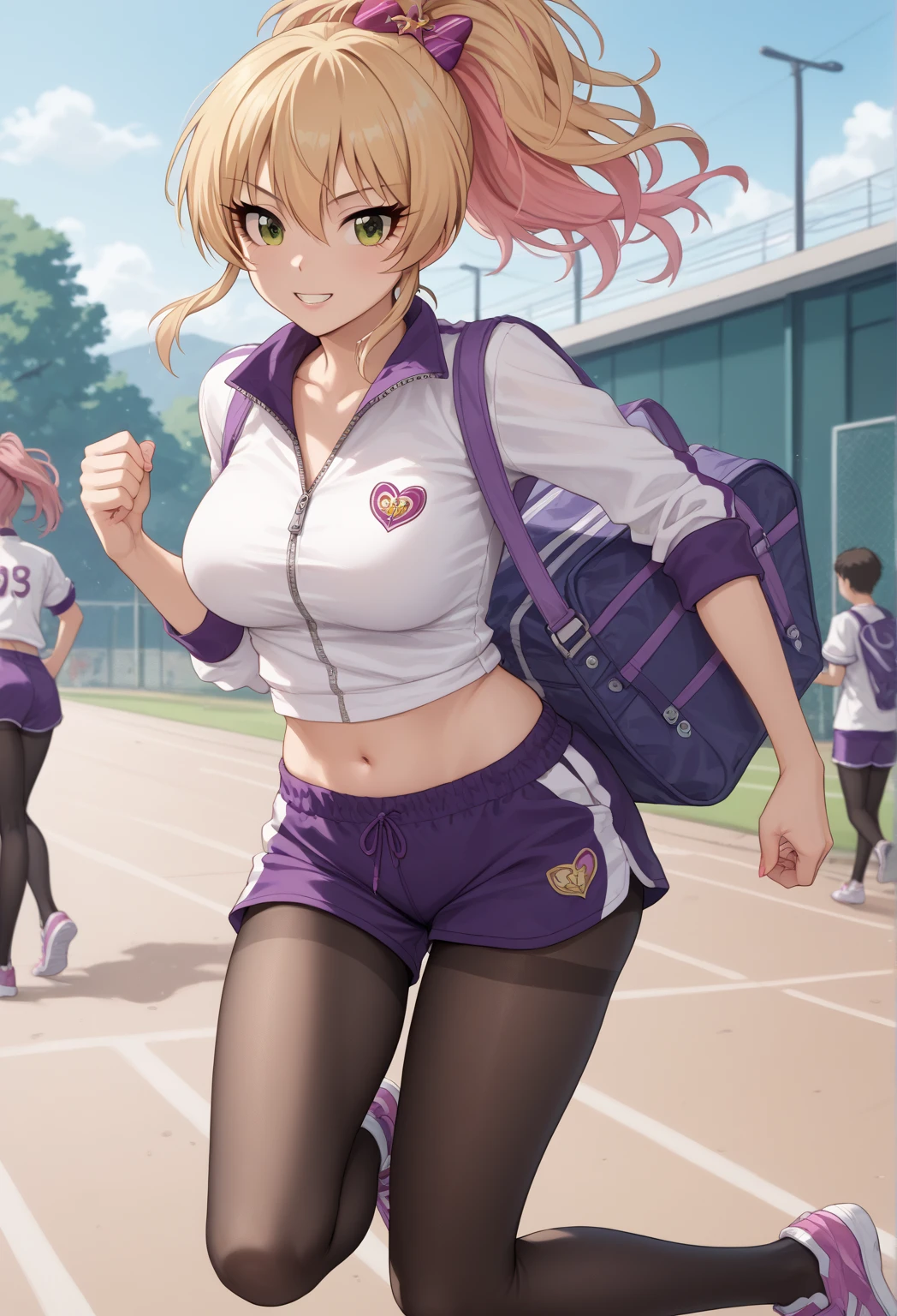 Mika Jougasaki, blonde hair, 1girl, solo, long hair, blonde hair, pink hair, multicolored hair, ponytail, hair ornament, green eyes, large breasts, purple gym clothes with zipper, purple bloomers, black pantyhose, schoolyard, running, breaests is shaking