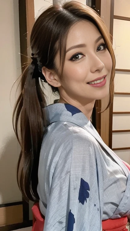  Attractive Sexy Adult Women,50 years old, ((kimono)),(((kimono))), close,((Big Breasts:1.2)),(  facial wrinkles:1.3),Light Makeup,  light brown hair,  long hair,(  full body photo:0.85),( accentuate your big butt),8k,   RAW photos ,  top quality , Laughter,masterpiece, top quality 、  Friendly Smiles  、 Viewers' Attractive Eyes  、 search 。  hairstyle is random 、Japanese-style room、Shoji screen、  lantern、