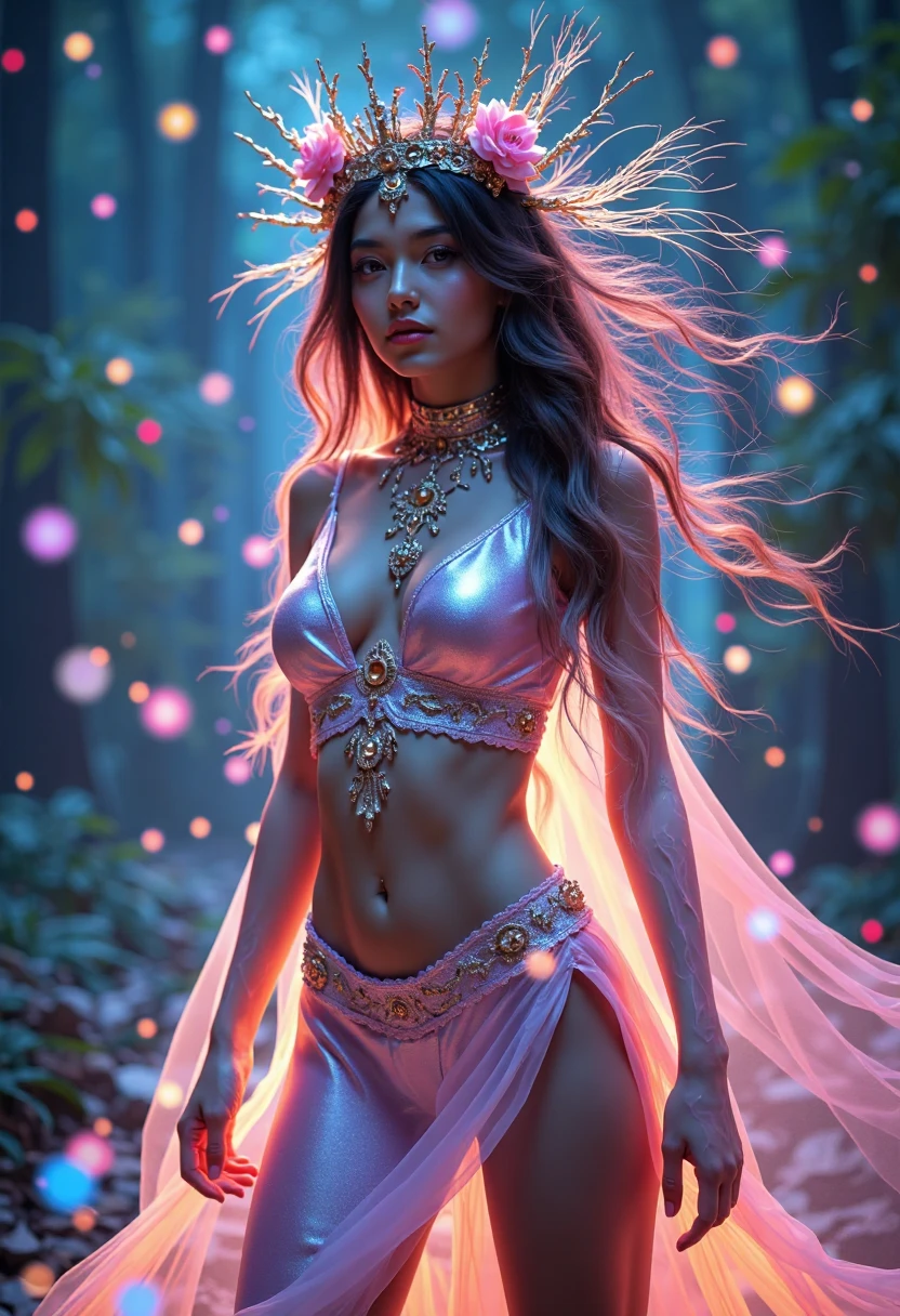 Gorgeous girl with glowing eyes, long flowing hair, dark brown hair, photorealistic, 4K, tiny body, light coloured eyes, extremely detailed eyes and lips, heeled leather boots, fantasy wizard, cute face, beautiful eyes, long eyelashes, (flat chest, makeup, pink lips, skinny), ((magical multicoloured blanket wrapped around body, open chest)), (arms in the air casting magic), fantasy background, in a field with a glowing lake, at midnight, dark night sky with swirling stars, swirling luminescent clouds, (determined stance, legs wide), bright vivid colours,