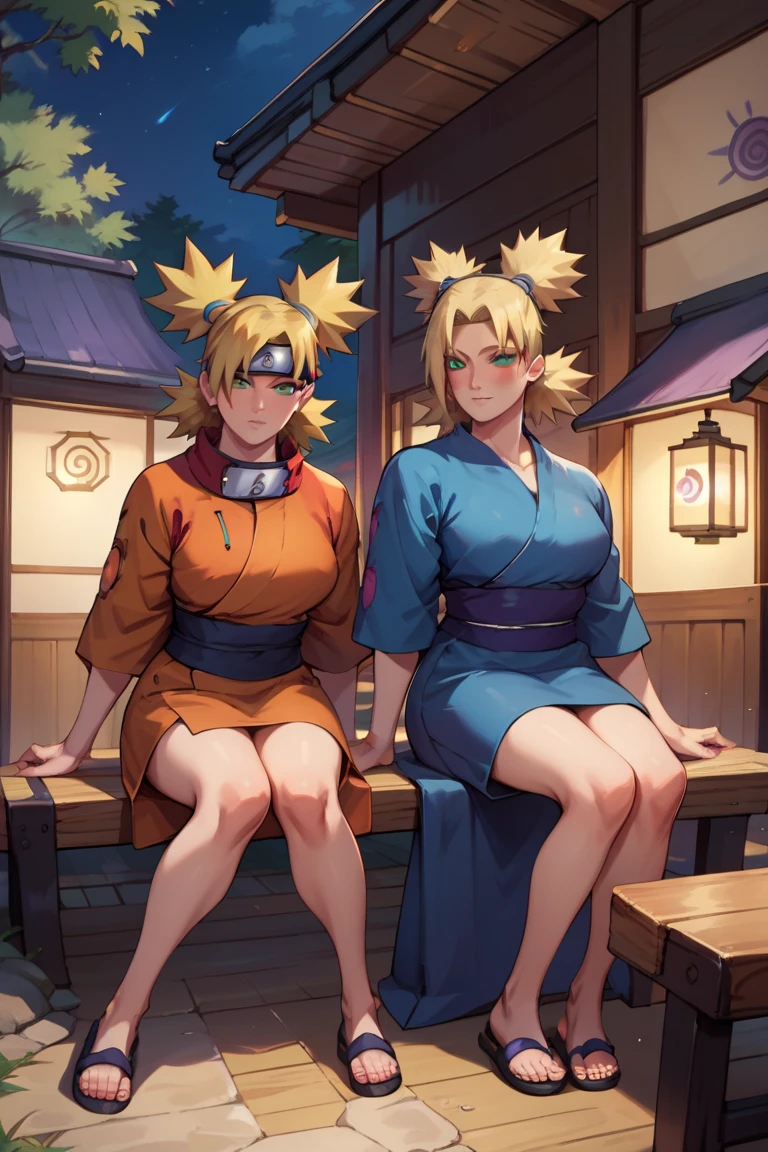 Temari Nara from Boruto: Naruto next Generations, blond hair, dark green eyes, blue kimono, large breasts, Japanese village, night, sitting on wooden bench, 