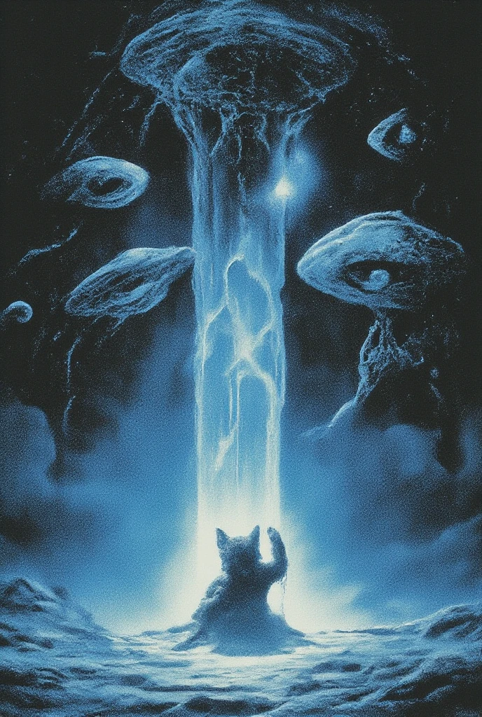 Photographic, realistic image of UFOs beaming a blue light on a small coyote puppy. Image should be 24mm lens with f2.8, 16:9 screen ratio, 4K, shot on Sony a7R III full-frame sensor. The grainy, vintage art style evokes the aesthetic of classic sci-fi infographics. Hyperrealistic textures, dynamic composition and deep shadows. Cinematic lighting and atmospheric effects, illust、art、from 80s horror movie, Analog style, vhs style, 8mm film, chromatic aberration, Dvd screengrab、Surrealism, 1 9 8 0's heavy metal album art, psychedelic cosmic horror, 8 0 s Print Science fiction art, 1 9 8 0 s Portada de ciencia - fidelidad, alien skull, por Don Maitz, por Richard Corben, 8 0 s arte, Cosmic horror style, 8 0's fantasy art
