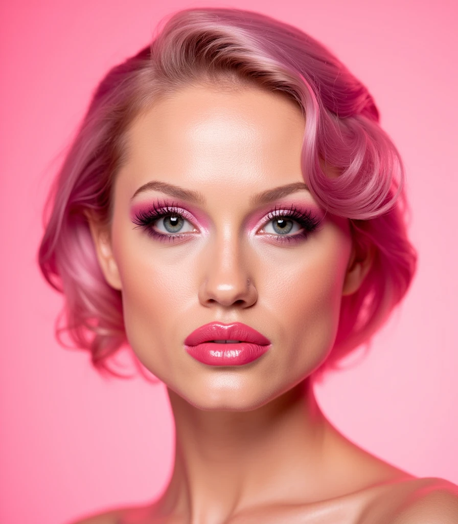 A high-resolution portrait of a beautiful young woman with short, wavy pastel pink hair styled in soft, voluminous waves. Her makeup is bold and vibrant, featuring striking hot pink eyeshadow that transitions smoothly across her eyelids, paired with dramatic, long lashes and perfectly arched, defined eyebrows. Her blue eyes are vivid and captivating, framed by the playful contrast of her makeup. She has big, plump lips reminiscent of Angelina Jolie, with a pronounced crease down the middle, coated in bright pink glossy lipstick that highlights their luscious, full appearance.

Her face is shiny and wet. The droplets catch the light, creating a soft shimmer across her flawless skin, lips, and chin, adding a playful and slightly humorous touch. The background remains a seamless pink gradient, complementing the overall feminine, vibrant, and modern aesthetic. The lighting is soft and even, accentuating her glowing complexion and the reflective sheen of the mist while maintaining a cheeky yet glamorous tone.