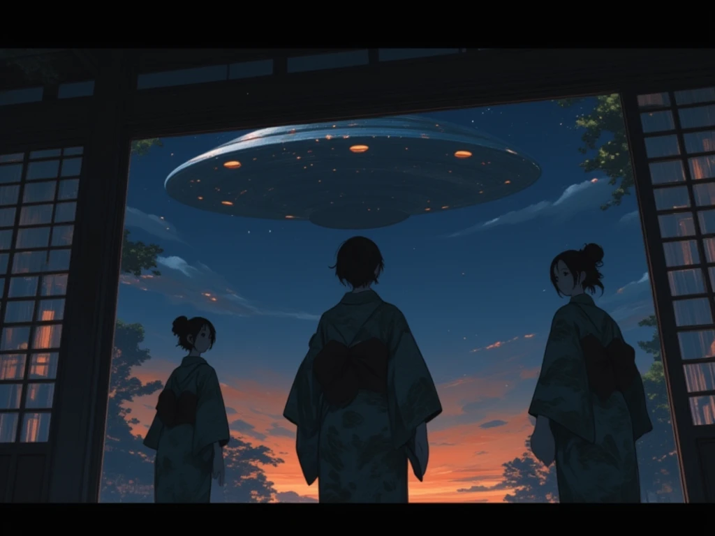 An open Japanese-style room with no windows or sliding doors　night　Three women wearing kimonos, two from behind　One of them turns around and looks at me　
Outside is a huge disc-shaped UFO, light and shadow　detail, smile, Widescreen, Chiaroscuro, Artistic, 