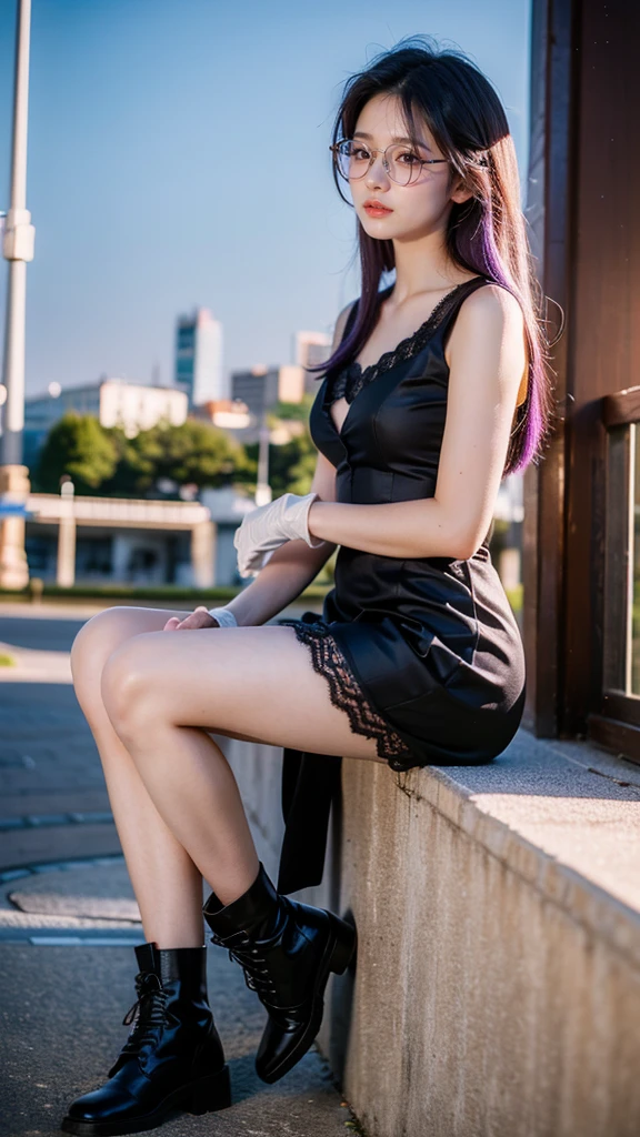 (1 lady), (Best quality at best:1.4), (ultra - detailed), (extremely detailed CG unified 16k), A Beautiful Woman with Perfect Figure: 1.4, Sharp Focus: 1.2, purple hair, very detailed, High-definition RAW color photo, professional photoshooting, amazing face and eyes, cosmetics, standing, (amazingly beautiful girl), ((kotomi)), ((exact clothes: black dress, white vest, Black Lace Bridal Gloves, glasses, wearing black combat boots)), (looking cute, immerse in her own thoughts expression), (City park, extremely detailed background, realistic background, first date vibes), (look from above), realistic cinematic face, head to feet long wide zoomed out view, full body long view, head to shoes, photorealistic, ((realistic natural purple hair style, purple eyes)), gorgeous, extremely beautiful face, pretty face, delicate girl, (attractive body, big proportions, athletic body, strong female), perfect model beauty, pout mouth, Highly Detailed Face and Skin Texture, Detailed Eyes, Double Eyelids, Medium size breasts, shy but motivated expression, (masterpiece), best quality, high resolution, extremely detailed, cinematic lighting, amazing legs, clear and well-cared skin, (milky pale skin, white skin like milk), official dior editorial, trending on pinterest, dreamy, aesthetic, ((style raw))