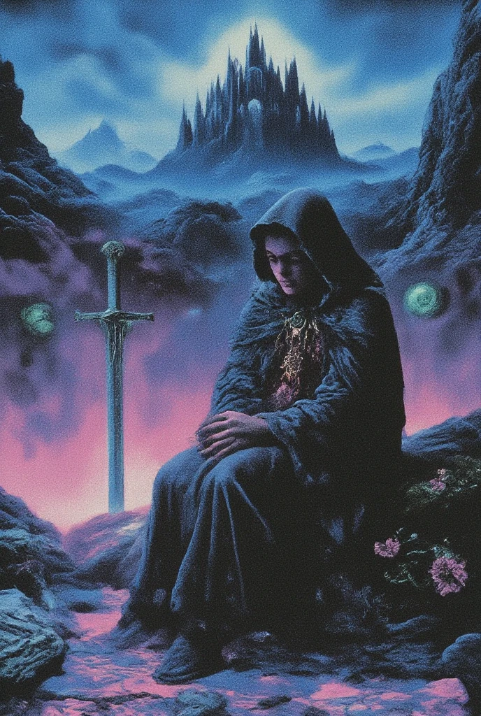  girl with dark hair and a solemn expression sits in a mystical landscape.  She wears a dark, hooded robe with subtle shading suggesting fabric texture. A pendant dangles from her neck. The environment is a vibrant, otherworldly setting with a castle-like structure in the background, highlighted by glowing orbs and accented by a cascading waterfall in shades of blue and purple. The scene has a melancholy, but captivating atmosphere.  A large sword rests behind her; the colors are pixelated and slightly distorted, evoking a retro game graphic style or early 90s video game aesthetic.  Deep blues, purples, and greens create a surreal contrast amidst the misty mountains.  The girl's pose is seated and contemplative, her gaze directed downward, suggesting a moment of quiet reflection in a fantastical realm.  A sword leans against a rocky outcrop. Digital painting style, fantasy art.  Pixelated aesthetic, retro game graphics, vibrant colors, surreal.
 The grainy, vintage art style evokes the aesthetic of classic sci-fi infographics. Hyperrealistic textures, dynamic composition and deep shadows. Cinematic lighting and atmospheric effects, illust、art、from 80s horror movie, Analog style, vhs style, 8mm film, chromatic aberration, Dvd screengrab、Surrealism, 1 9 8 0's heavy metal album art, psychedelic cosmic horror, 8 0 s Print Science fiction art, 1 9 8 0 s Portada de ciencia - fidelidad, alien skull, por Don Maitz, por Richard Corben, 8 0 s arte, Cosmic horror style, 8 0's fantasy art
