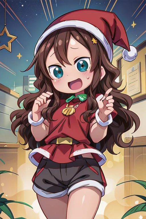 christmas costume, officer,stars, Detailed Background, anatomy, masterpiece, glowing eyes, thighs,very blushed, happy, smiling, shorts negros,  Looking at the spectator , Open mouth, sweating,  Open mouth,  room 