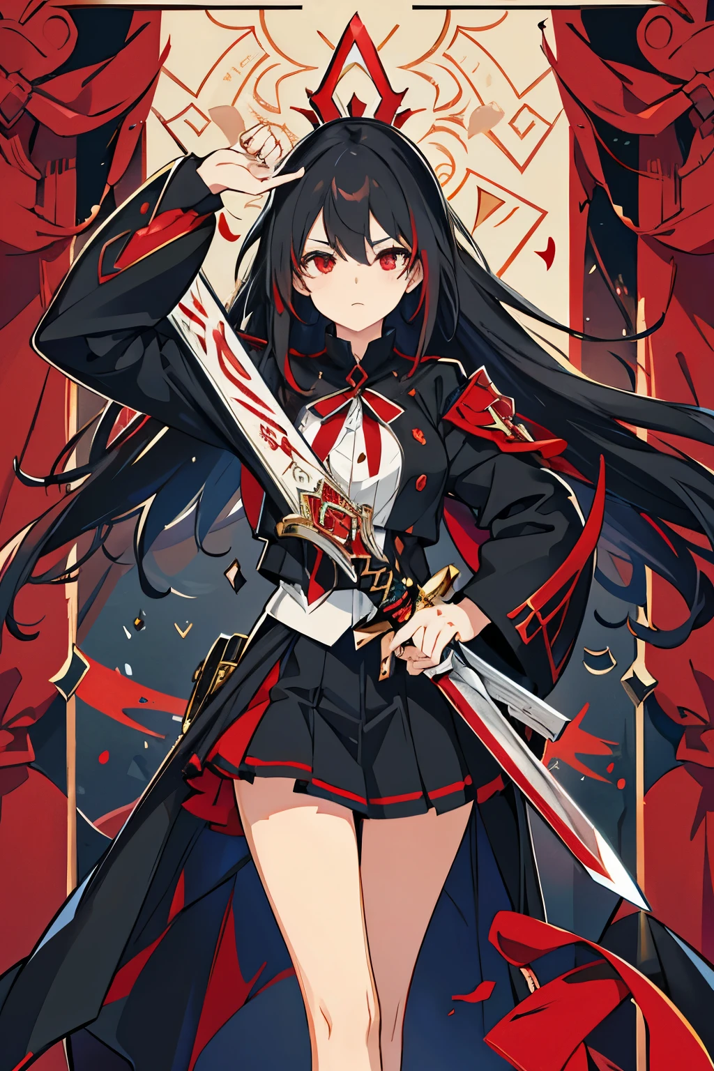 a beautiful girl with black hair and blue strips on the end , ruby red eyes , black and red oulfit , holding a sword 