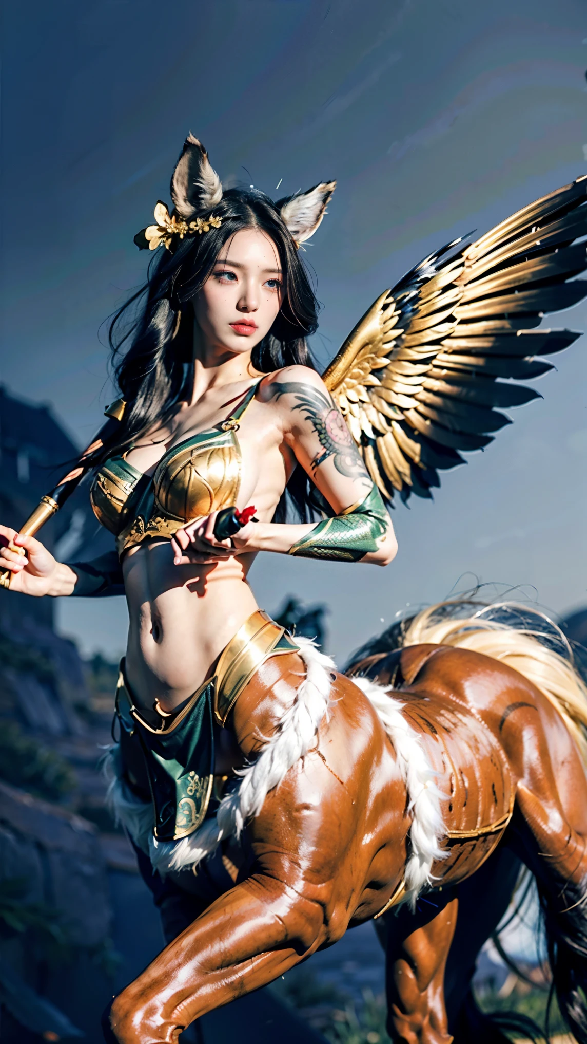 A female centaur，She is famous in the multiverse，She is both a female centaur, half human, half horse, half horse，It is also a female Yingzhao。She blends both images，The first is the head of a horse/neck/Shoulder these parts，After feminization，The upper body transforms into a beautiful female human，Female, half-centaur, half-human, half-horse, half-human，The second is the waist of the horse/hason/gluteal/Legs feminine，Female half-horse with beautiful woman's，Chimer，It's like a female human wearing a half-horse-like costume and making a seamless chimera，This chimerization is based on powerful futuristic technology。The ultra-wide-angle lens captures the image of her sleek and ethereal wings charging and leaping on the ionosphere。Her front half is distinctly feminine，Tall sexy body，Has K cup teardrop-shaped giant tit chest，It has a small man's waist butterfly spanning long legs，The half-horse part of the hind body，Embedded interface in the front half of the body hip position。The horse-shaped, half-horse torso form of her back body is completely female and humanized。A sexy bent dog-style shaped ribcage embedded in the lower back position of the beautiful woman's body from the upper end of the sternum/lower back/Ventral transverse。Then there are the sexy beauty's upright hips，Her entire body has been completely feminized，Including the half-horse part。Mechanized armor covers the legs with knee-shaped anti-joints and feet，And these parts are highly anthropomorphic，This makes her legs graceful and slender，Her four horse legs exploded in length proportions and was slender and toned，Under the legs are skinny white feet dressed in Skyscraper Heels，Use Midjourney's advanced stroke tools and color palettes, as well as texture packs, model packs, and texture tools，Concentration，Femaleize all parts of her original equine physiologic appearance，And give these parts an ergonomic appearance，Fine treatment of the thoracic and abdominal cavity of the posterior body，As well as hips and