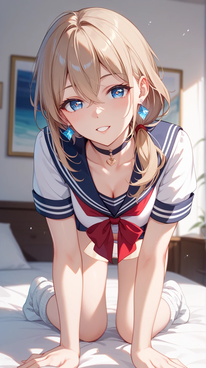  High Definition 、8K quality、 top quality 、 high definition、 detailed details、 25 year old woman、 Light Brown Hair、 low ponytail、 medium hair、 bangs between eyes、Sideburns on one side、( round eyes)、 blue eyes、Glamorous eyes、 textured skin、 high school girl、 summer sailor suit 、Short sleeve、 transparent fabric 、 miniskirt、 Loose Socks 、 white panties、 sparkling earrings 、 upper body red 、 choker 、 bed、 on all fours、 smiles、NSFW、
