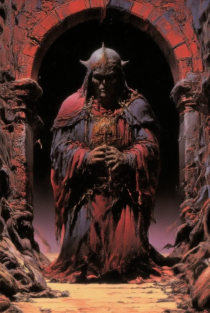 A figure, bound and kneeling in somber dungeon setting, depicts a male figure, likely of a middle age with dark skin and a solemn expression, wearing a maroon-red tunic and metal armor. His hands are clasped together beneath him, restrained by heavy chains.  The figure has ornate spiked metal headgear, with a dark circular object centered on it reminiscent of a circular face.  The chains wrap around the figure; the armor covering the chest and arms.  The dungeon walls are composed of dark reddish-brown textured  bricks.  The setting suggests a medieval dungeon environment; the overall mood is one of despair and confinement.  The colors employed are muted, with predominantly dark reddish-brown and muted gold tones emphasizing the somber atmosphere.  The texture of the armor and chains suggests a rough, worn metal appearance. The perspective is a close-up, eye-level shot.  The lighting is subtle, casting minor shadows; the style is reminiscent of vintage illustrations or early video game art.  The artist expertly conveys an oppressive mood through composition and color choices,  resulting in a gothic, gloomy atmosphere.
 Digital painting style, fantasy art. Pixelated aesthetic, retro game graphics, vibrant colors, surreal. The grainy, vintage art style evokes the aesthetic of classic sci-fi infographics. Hyperrealistic textures, dynamic composition and deep shadows. Cinematic lighting and atmospheric effects, illust、art、from 80s horror movie, Analog style, vhs style, 8mm film, chromatic aberration, Dvd screengrab、Surrealism, 1 9 8 0's heavy metal album art, psychedelic cosmic horror, 8 0 s Print Science fiction art, 1 9 8 0 s Portada de ciencia - fidelidad, alien skull, por Don Maitz, por Richard Corben, 8 0 s arte, Cosmic horror style, 8 0's fantasy art
