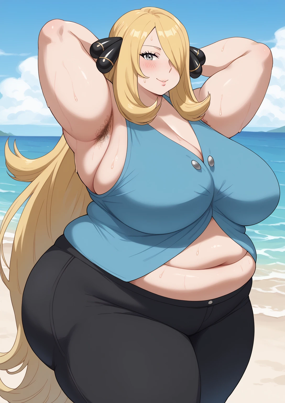 Sirona, Cynthia, Silver Eyes,  long hair,  Golden Hair , Sleeveless vest ,Light blue vest, Light blue clothes, Head ornament,   Hair over one eye ,  long black pants , score_9,   score_8_ up,   score_7_ up,   score_6_ up,   score_5_ up,   score_4_ up,     masterpiece   ,   top quality,     very aesthetic  ,    absurd,    Source_Anime, Anime screencap,    one woman , Alone,   personal   ,  Super huge breasts, (((S uper huge クレビス, Super huge , Super huge boob))), Curvy,   in her 20s,  Mature Woman,   obese , ,  troubled expression, ssbbw,  embarrassed expression, sea,  sandy beach,  I'm sweating a lot,A woman with body odor , Body odor, A woman with smelly armpits ,  giant areolas, Belly fat that doesn't fit in pants,  Saggy Breasts, horny woman,  I'm sweating a lot,A woman with body odor , Body odor, A woman with smelly armpits , horny woman,  vulgar woman.  with underarm hair ,Hairy woman