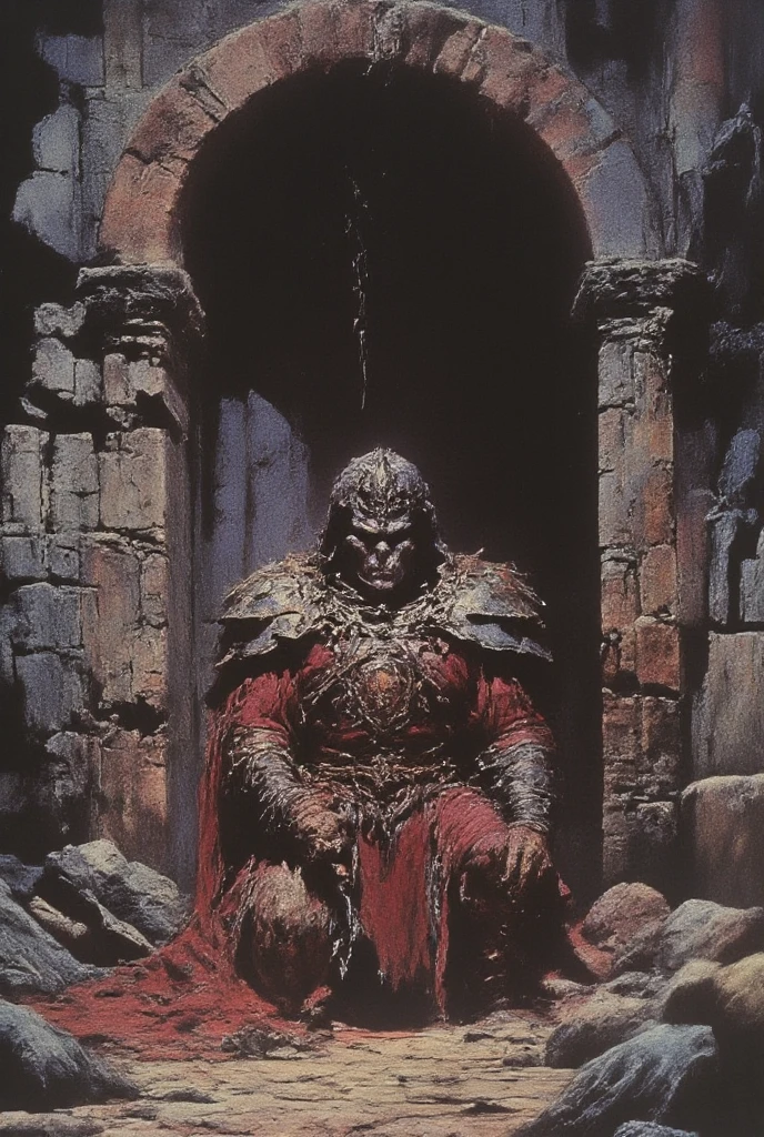 A figure, bound and kneeling in somber dungeon setting, depicts a male figure, likely of a middle age with dark skin and a solemn expression, wearing a maroon-red tunic and metal armor. His hands are clasped together beneath him, restrained by heavy chains. The figure has ornate spiked metal headgear, with a dark circular object centered on it reminiscent of a circular face. The chains wrap around the figure; the armor covering the chest and arms. The dungeon walls are composed of dark reddish-brown textured bricks. The setting suggests a medieval dungeon environment; the overall mood is one of despair and confinement. The colors employed are muted, with predominantly dark reddish-brown and muted gold tones emphasizing the somber atmosphere. The texture of the armor and chains suggests a rough, worn metal appearance. The perspective is a close-up, eye-level shot. The lighting is subtle, casting minor shadows; the style is reminiscent of vintage illustrations or early video game art. The artist expertly conveys an oppressive mood through composition and color choices, resulting in a gothic, gloomy atmosphere. Digital painting style, fantasy art. Pixelated aesthetic, retro game graphics, vibrant colors, surreal. The grainy, vintage art style evokes the aesthetic of classic sci-fi infographics. Hyperrealistic textures, dynamic composition and deep shadows. Cinematic lighting and atmospheric effects, illust、art、from 80s horror movie, Analog style, vhs style, 8mm film, chromatic aberration, Dvd screengrab、Surrealism, 1 9 8 0's heavy metal album art, psychedelic cosmic horror, 8 0 s Print Science fiction art, 1 9 8 0 s Portada de ciencia - fidelidad, alien skull, por Don Maitz, por Richard Corben, 8 0 s arte, Cosmic horror style, 8 0's fantasy art
