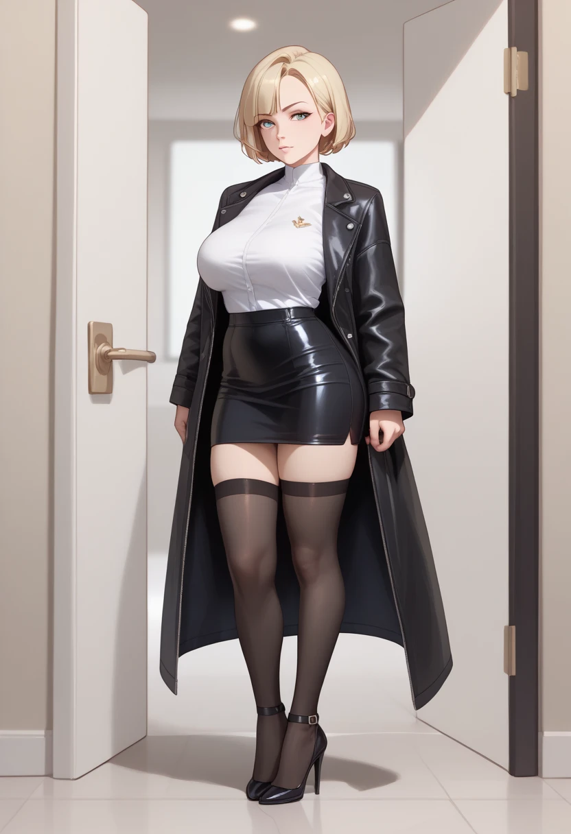 40-year-old woman with short blonde hair with Bob hairstyle wearing black leather jacket and short black skirt with tight stockings and heels standing at the door 